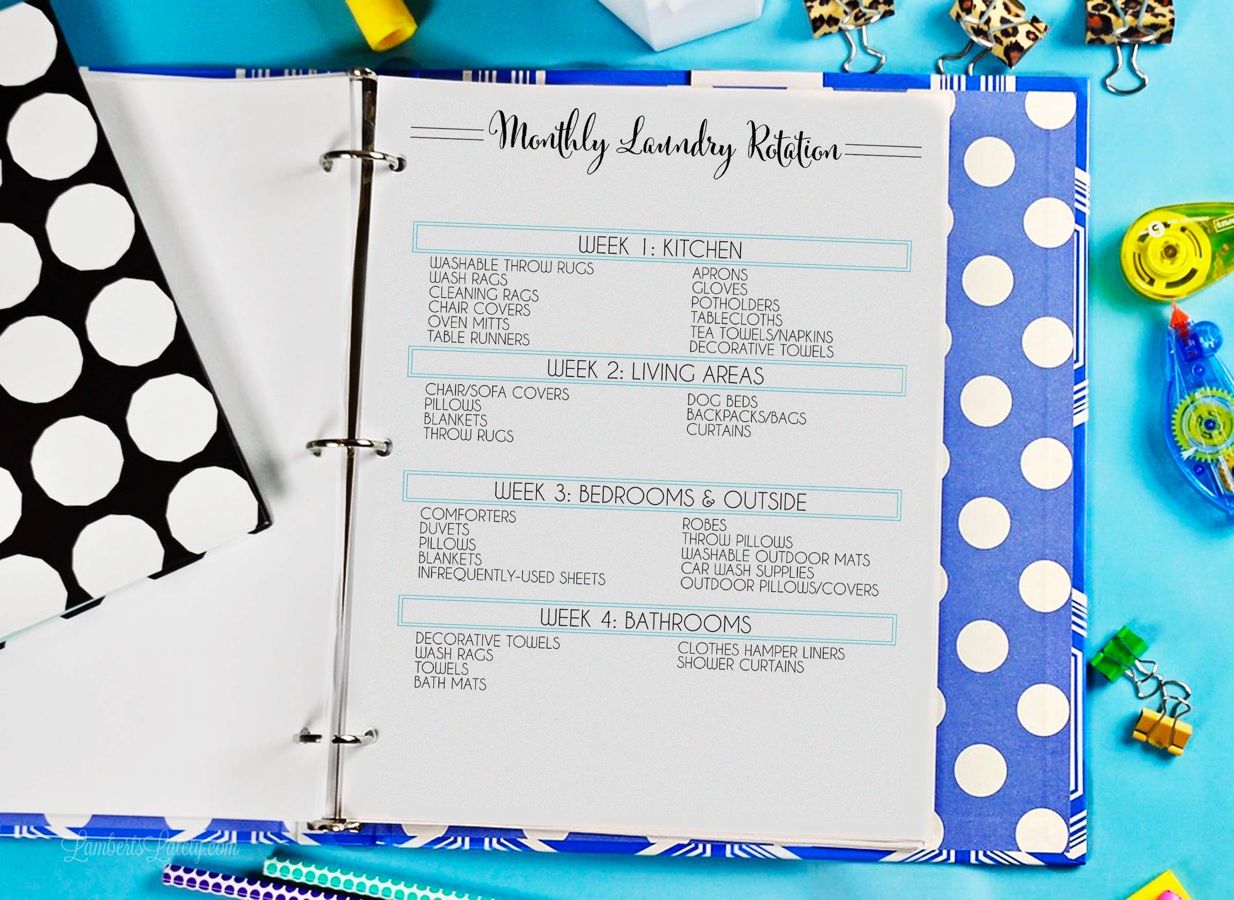 laundry rotation printable in a notebook.