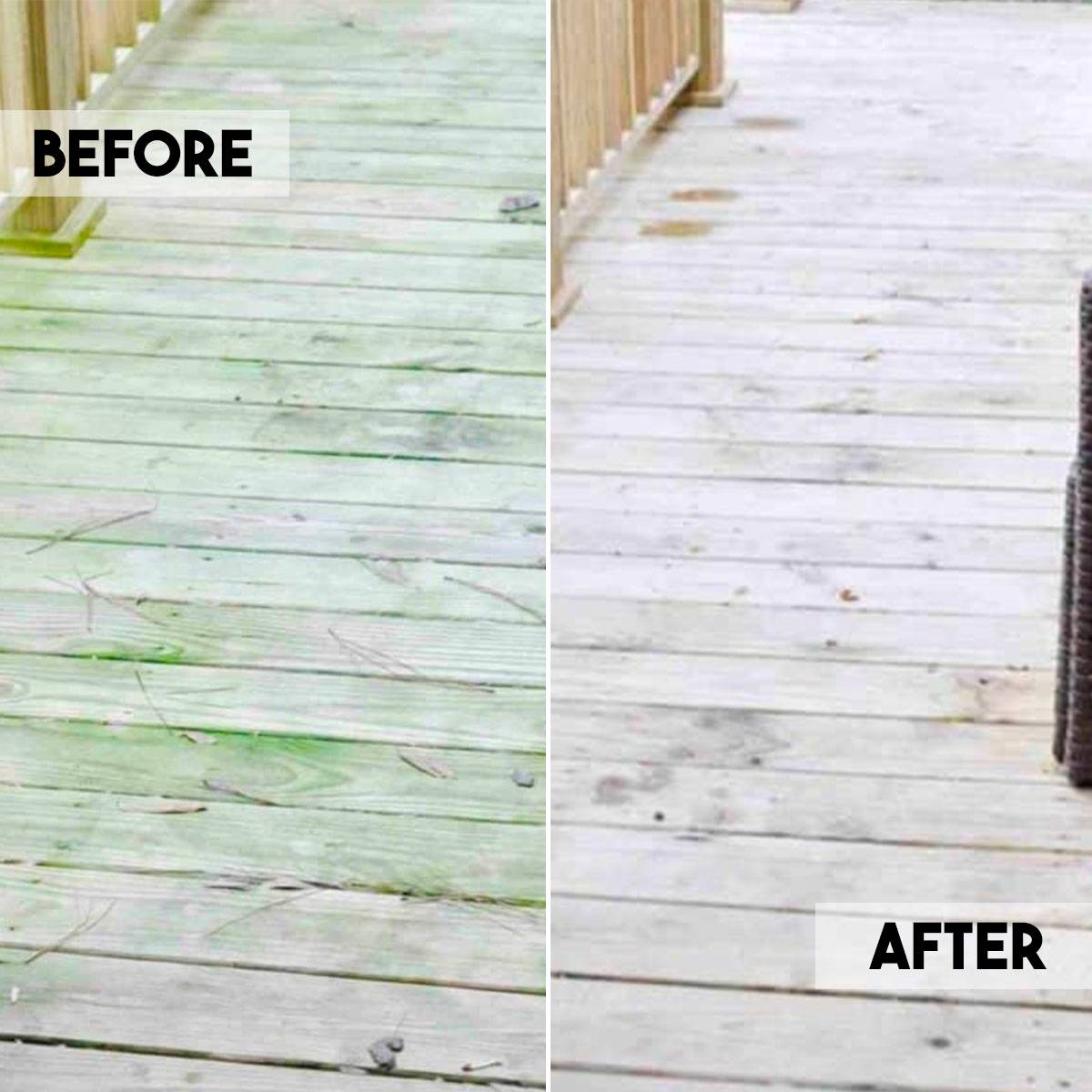 before and after of cleaning a wood deck.