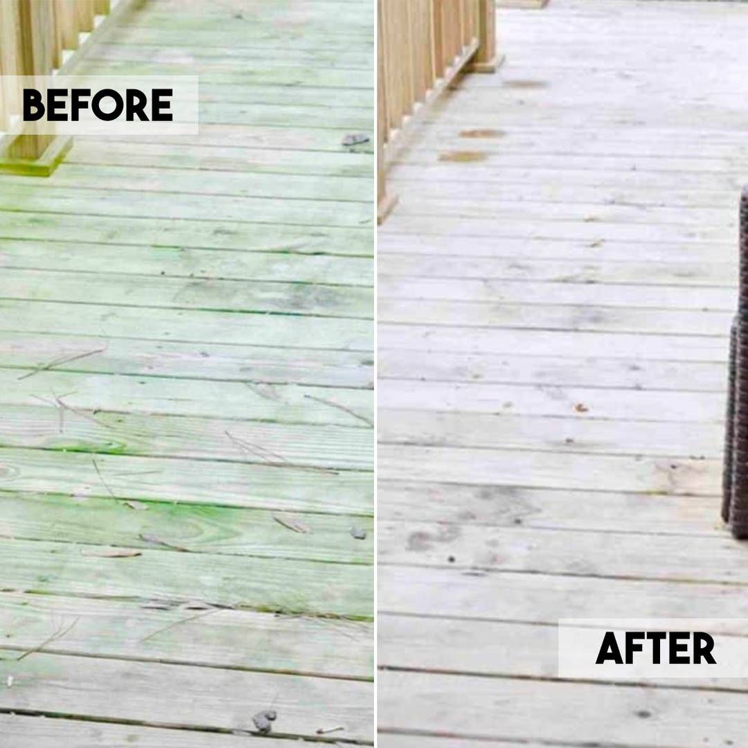 before and after of a deck, cleaned stains.