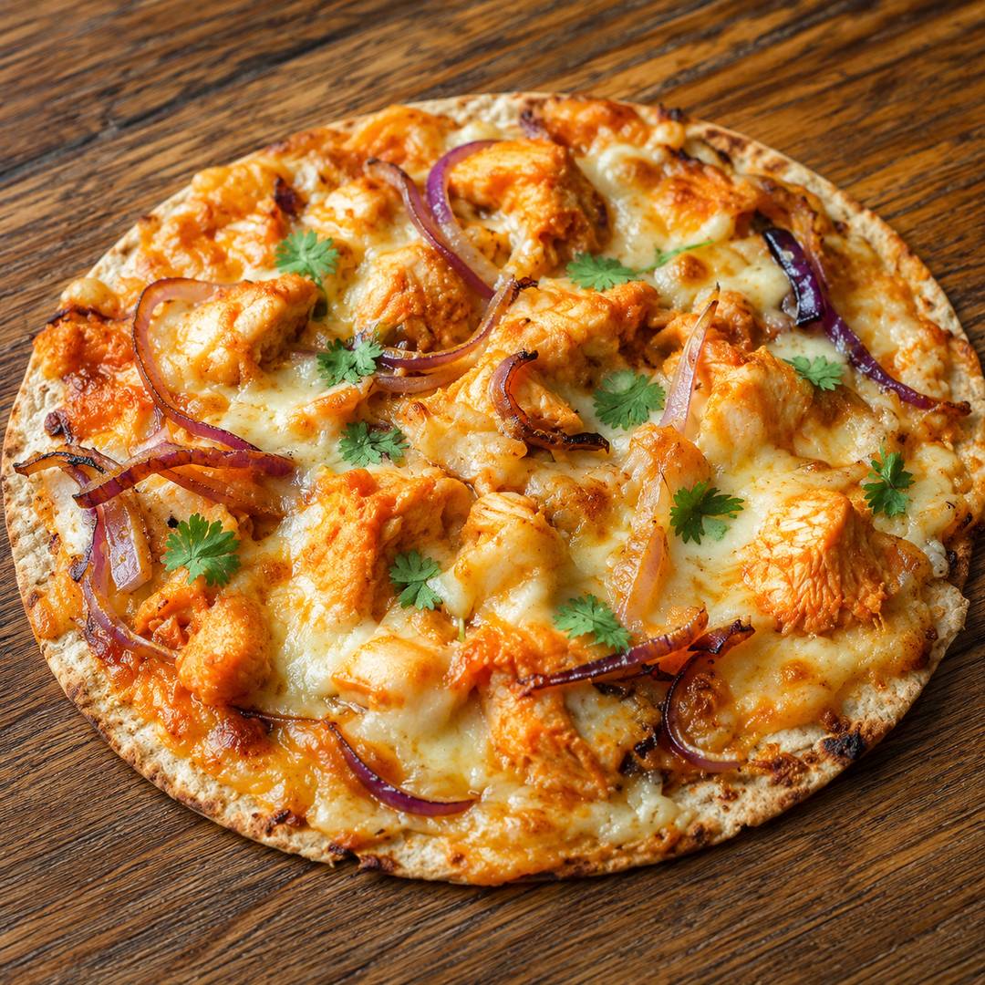 Buffalo chicken pizza topped with melted cheese, red onion, and fresh cilantro on a wooden table.