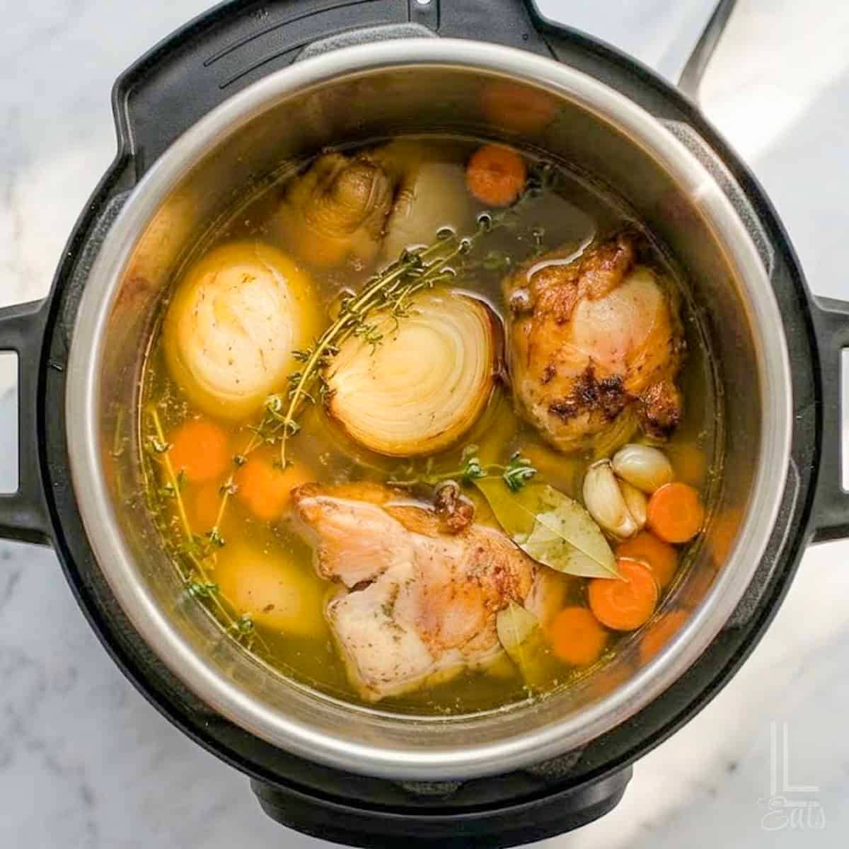 veggies and chicken stock in an instant pot.