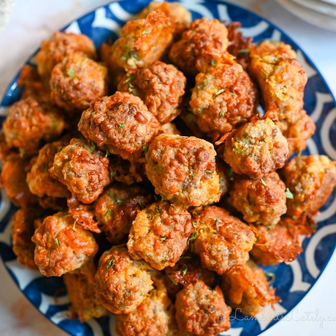 stack of sausage balls on a plate.