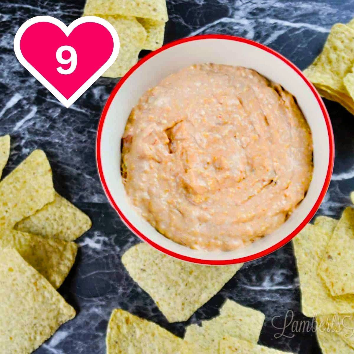 9 - cream cheese and salsa dip in a bowl, surrounded by chips.