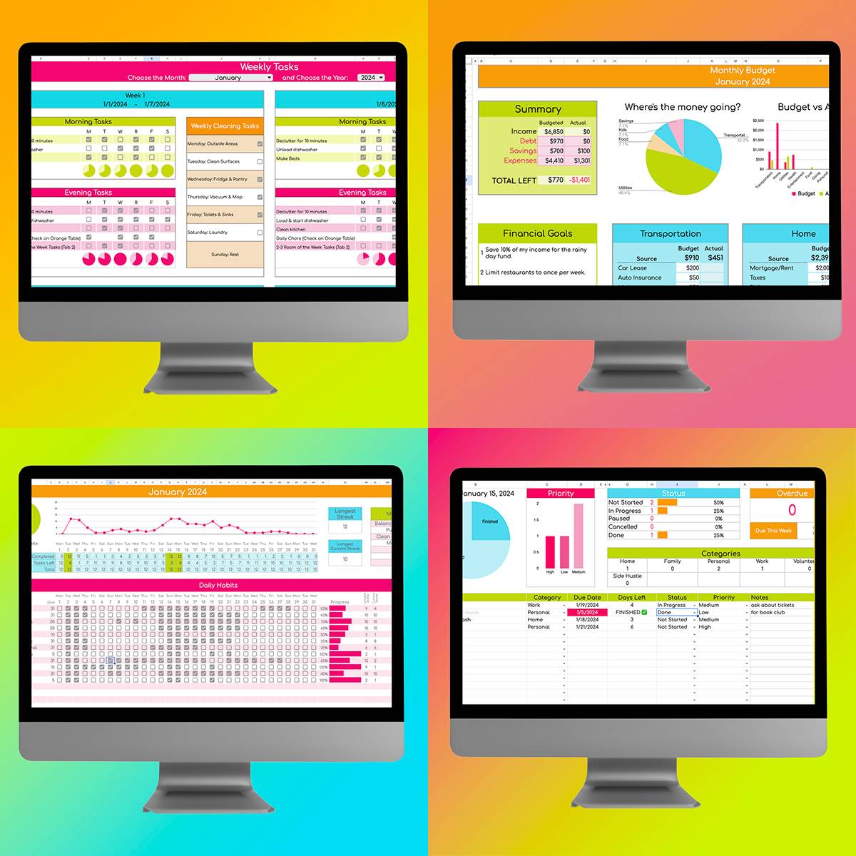 collage of spreadsheets on computers.