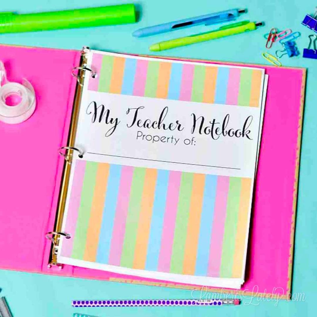 teacher planner cover in a notebook.