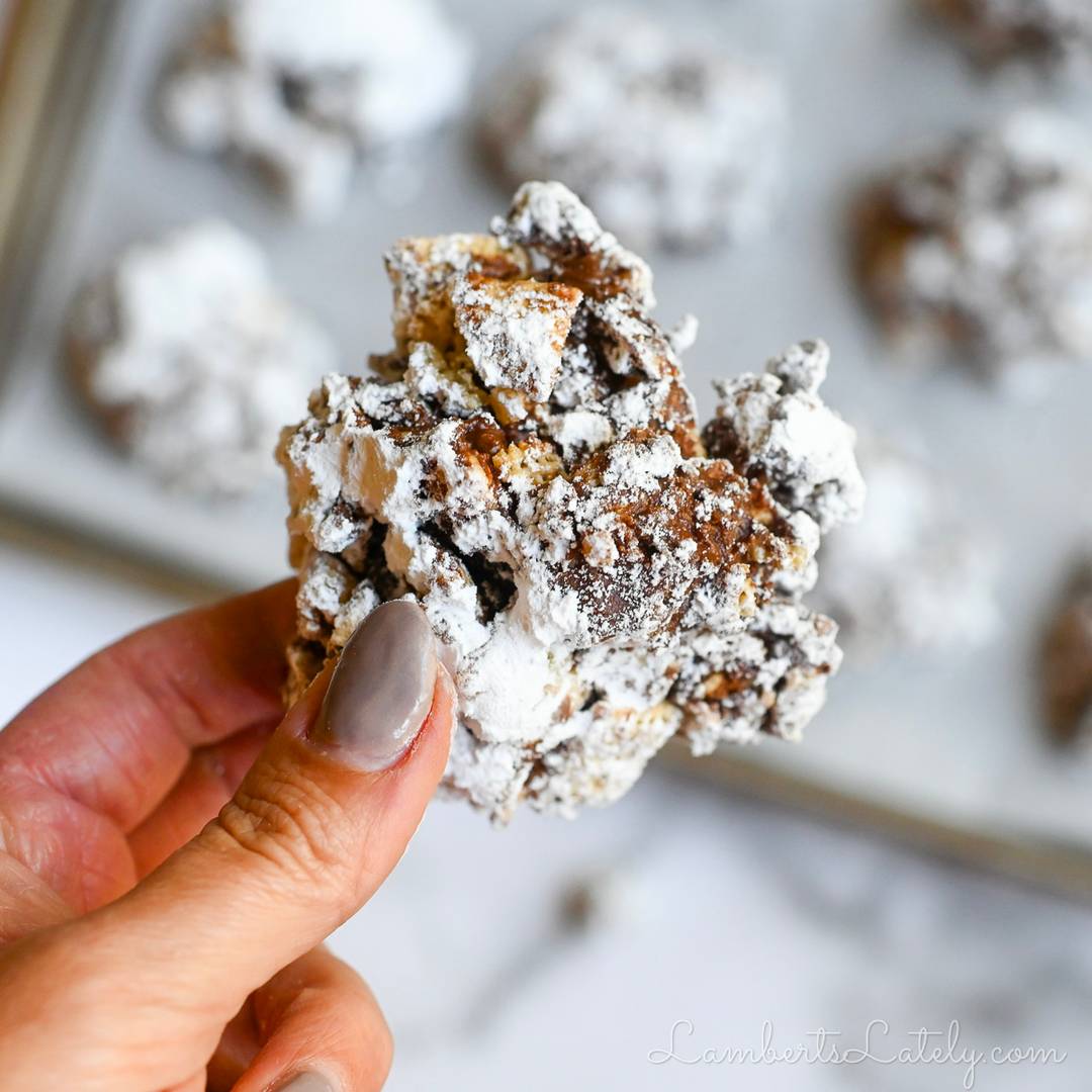 holding a muddy buddy cookie covered in powdered sugar.