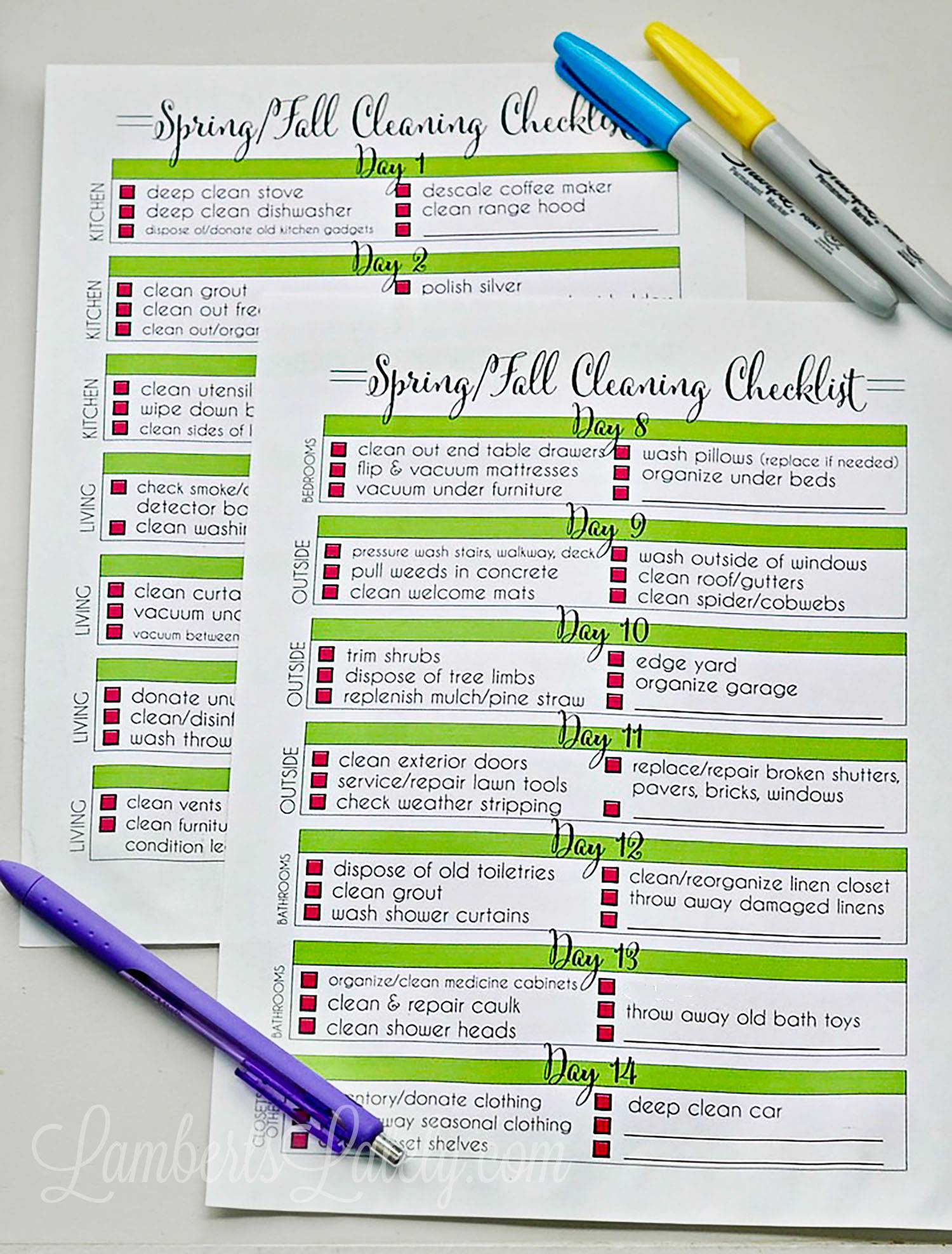 spring and fall cleaning checklists laying on a desk.