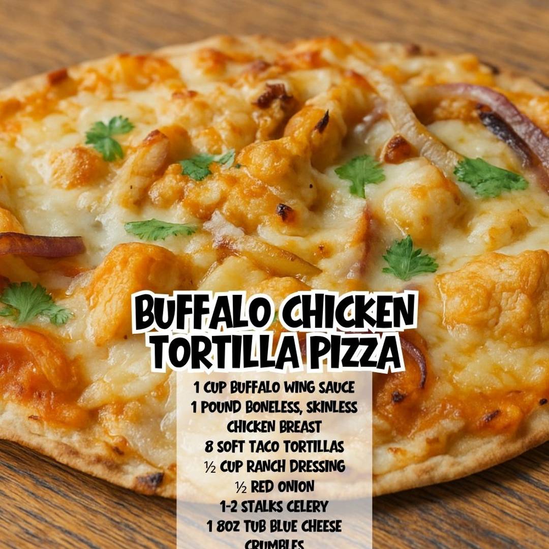 Buffalo chicken tortilla pizza topped with chicken, melted cheese, red onion, and cilantro.