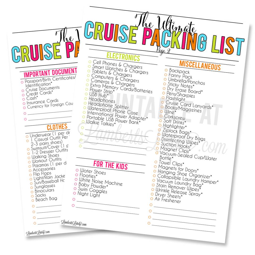 Two pages of a comprehensive cruise packing list printable featuring colorful, bubbly text headers. The lists include categories for important documents, clothes, electronics, miscellaneous items, and a dedicated section "for the kids."