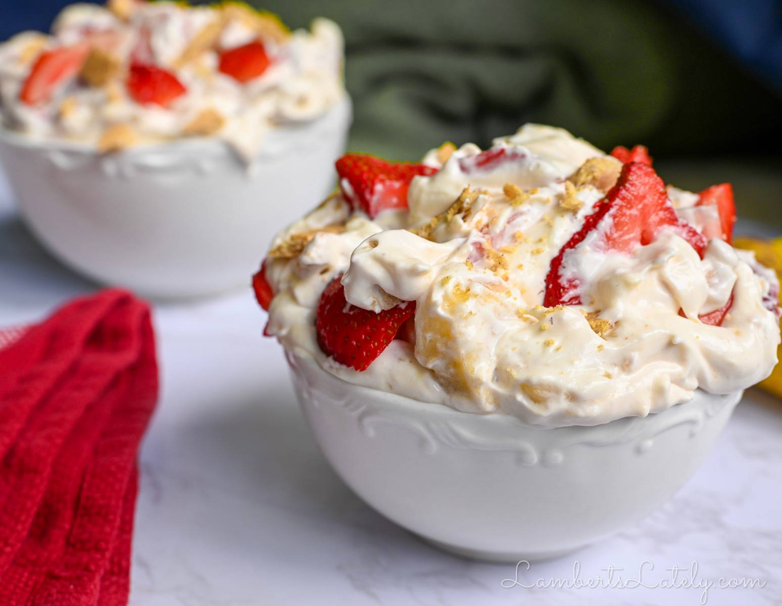 bowl of strawberry banana cheesecake salad.