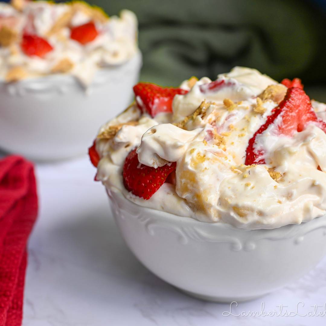 strawberry banana cheesecake salad in a bowl.