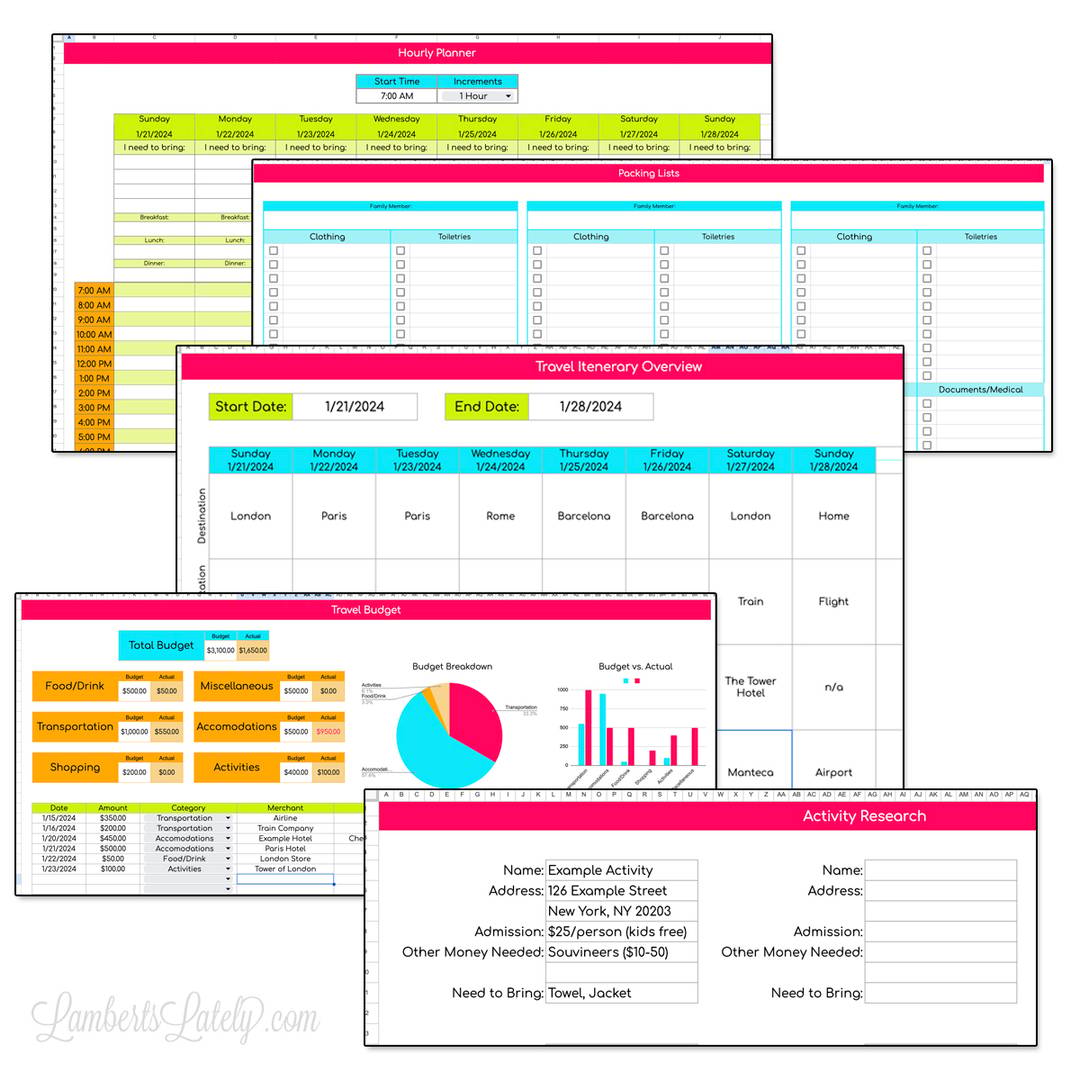 A digital collage showcasing various travel organization spreadsheets. The templates feature a bright pink and teal color scheme and include an hourly planner, packing lists, a travel itinerary overview, a travel budget with charts, and an activity research log.