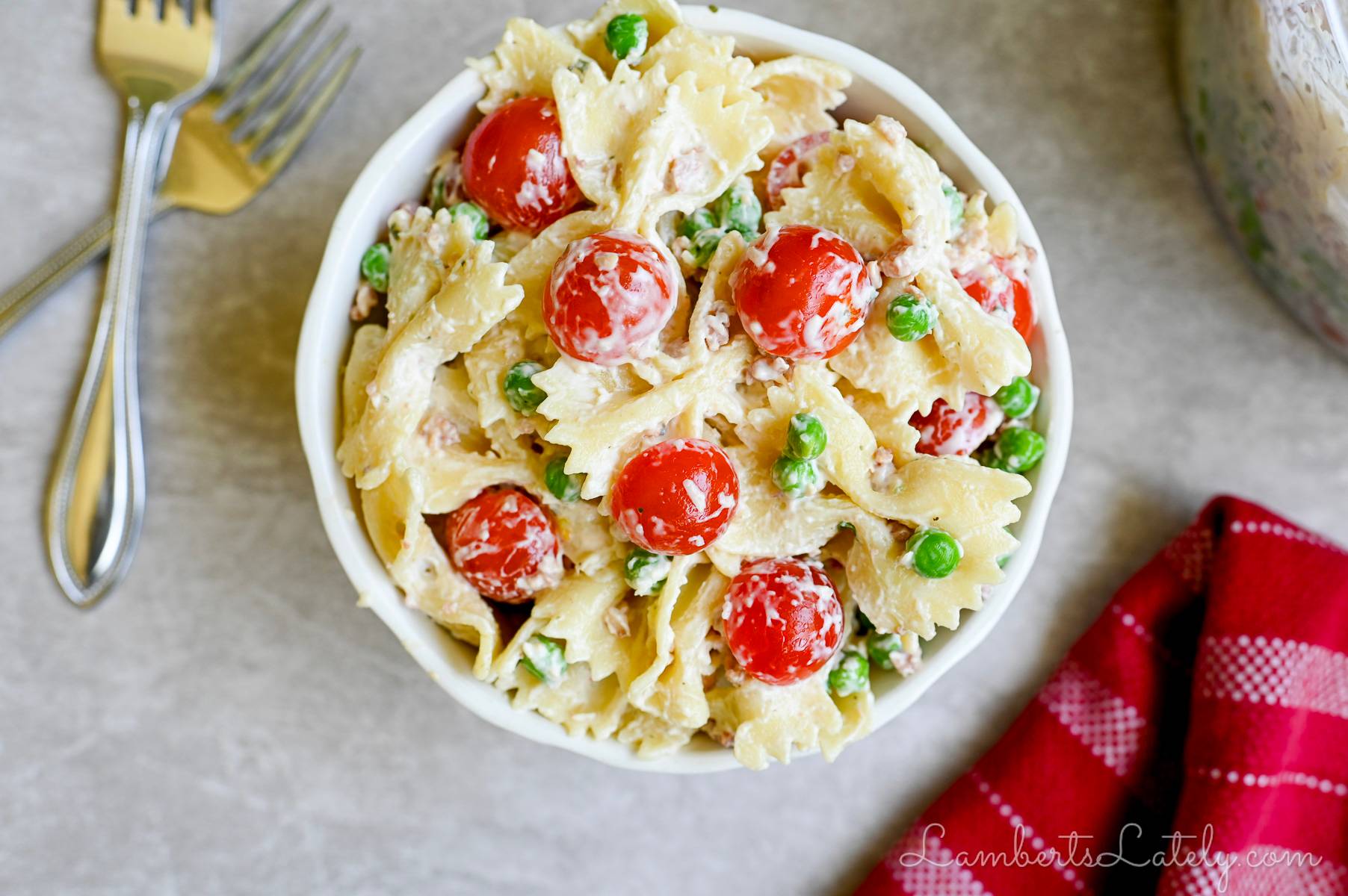 bowl of bacon ranch pasta salad.