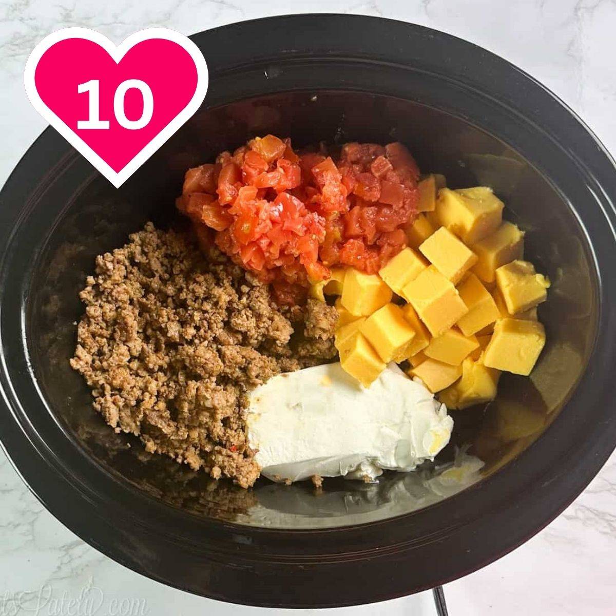 #10 - ingredients for rotel dip in a crock pot.