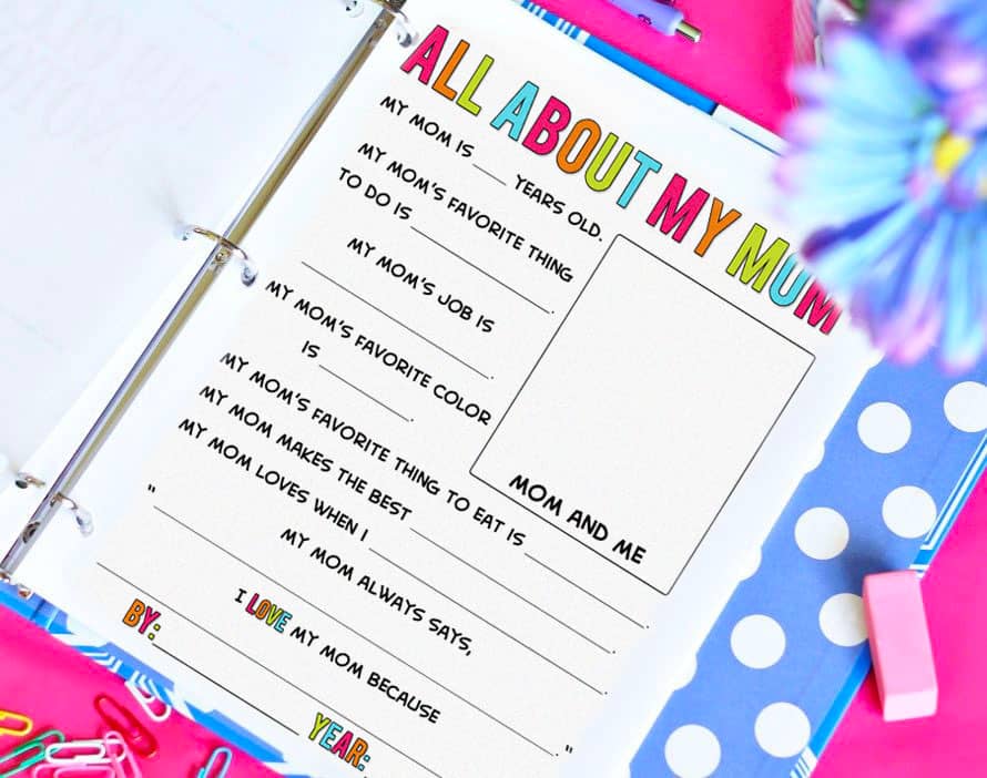 all about my mom printable in a notebook.