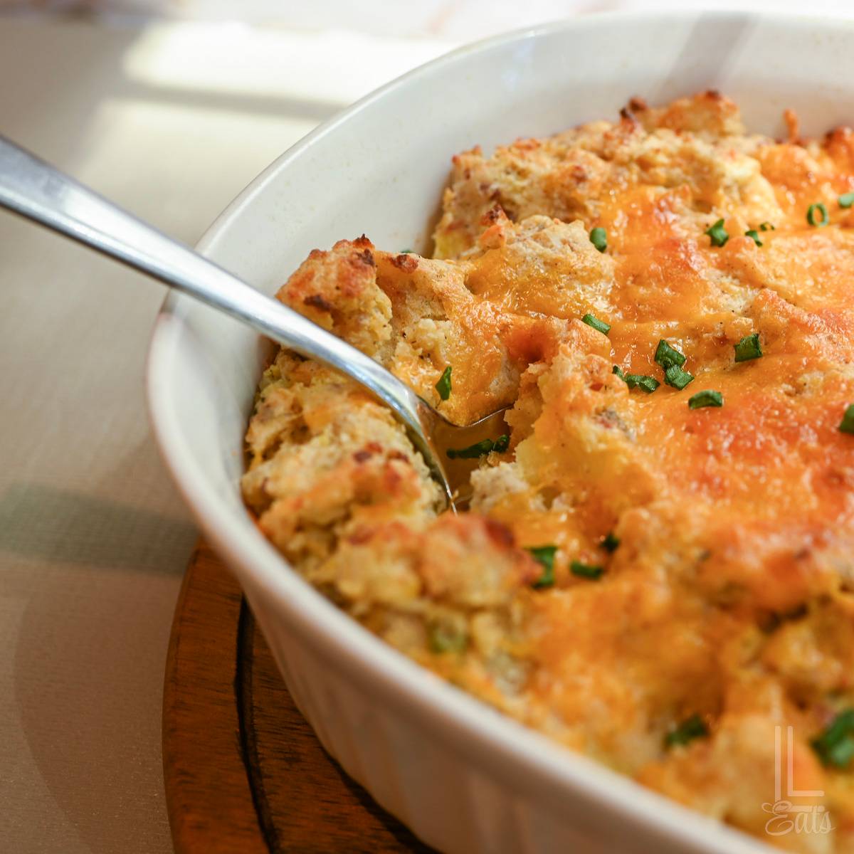 twice baked mashed potatoes in a casserole dish.
