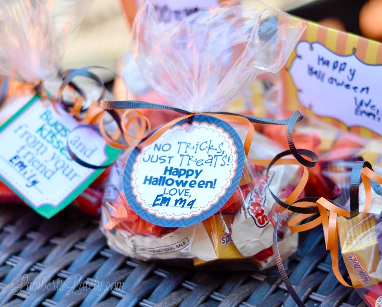 no tricks just treats tag on a bag of candy.