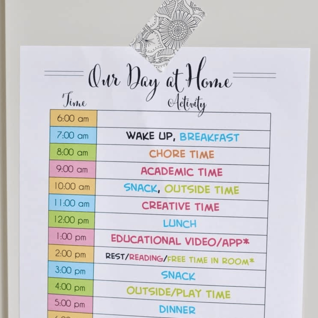 A vertical "Our Day at Home" daily schedule for kids, featuring color-coded time blocks for activities like breakfast, chore time, academic time, and outside play.