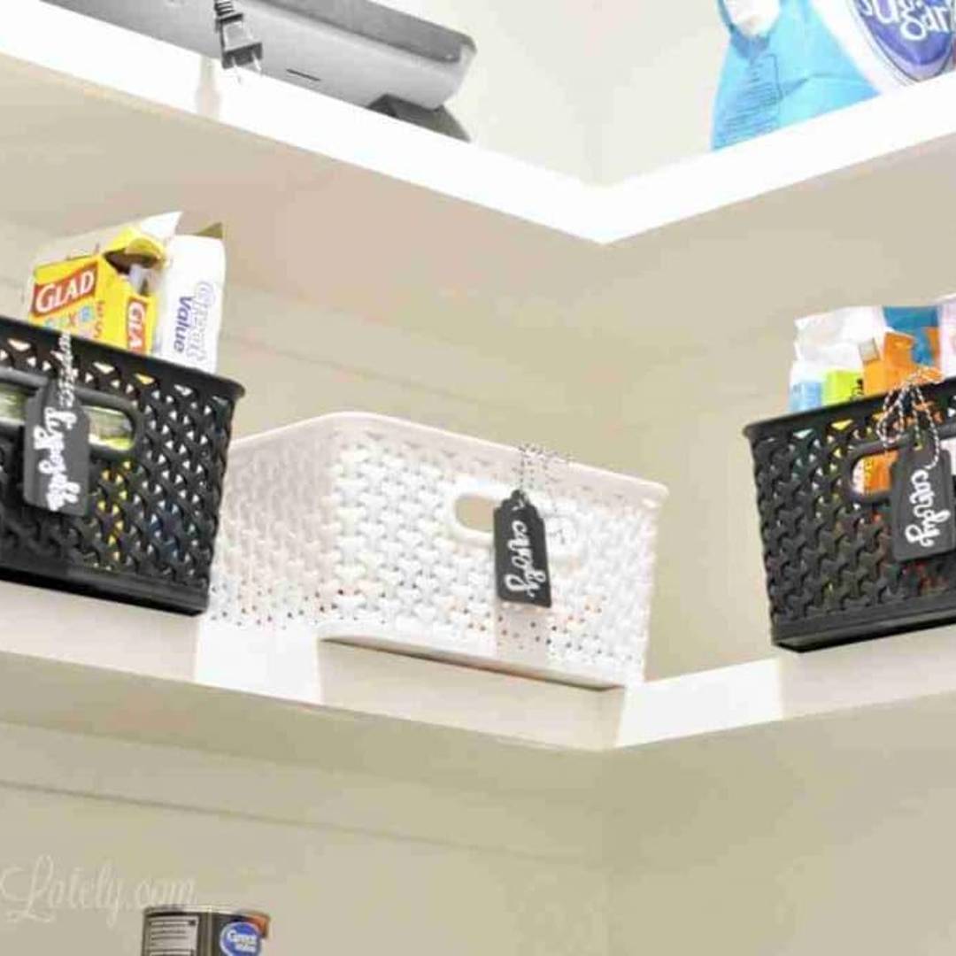 labeled baskets in a pantry.