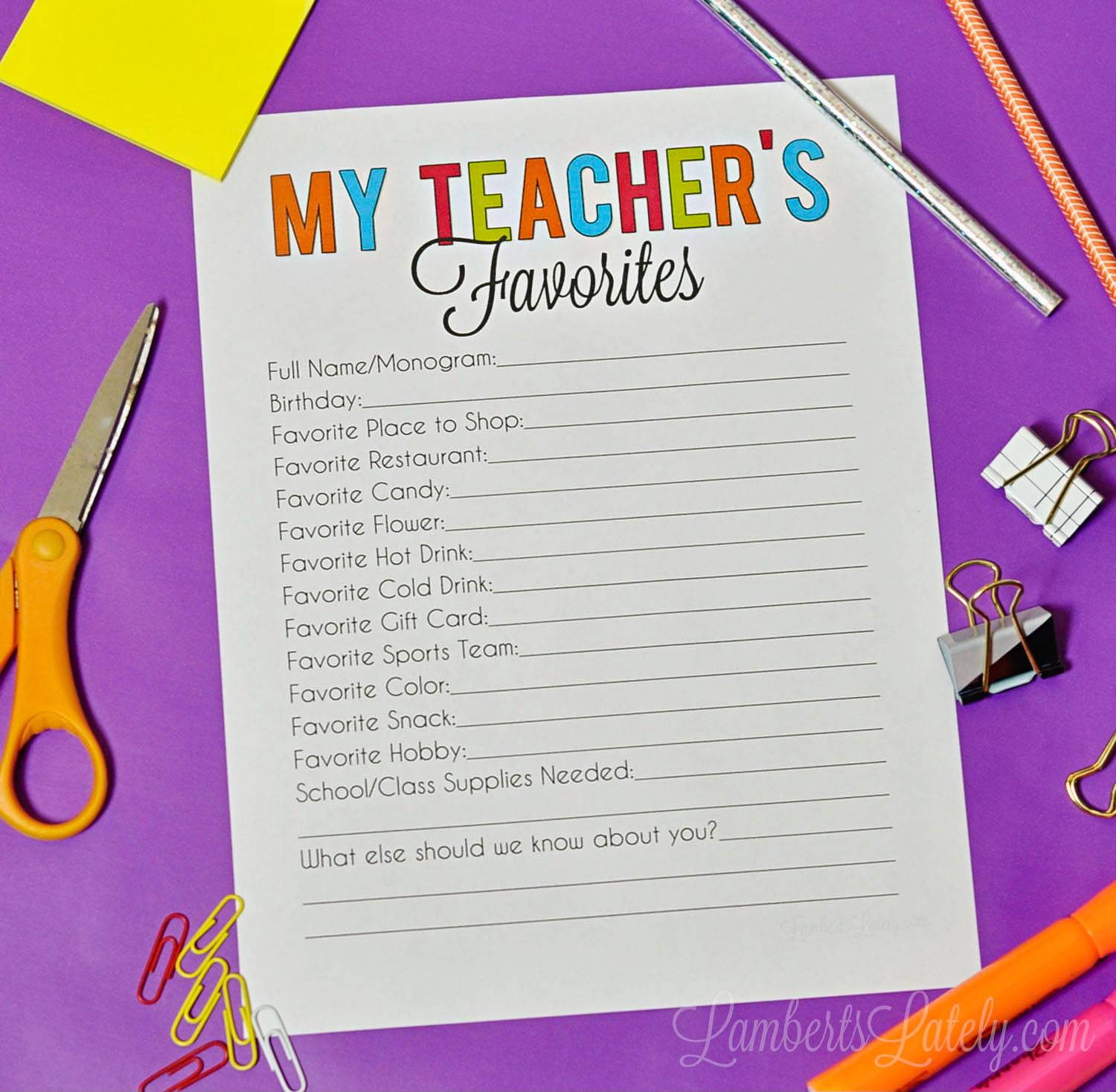 teacher favorites printable.