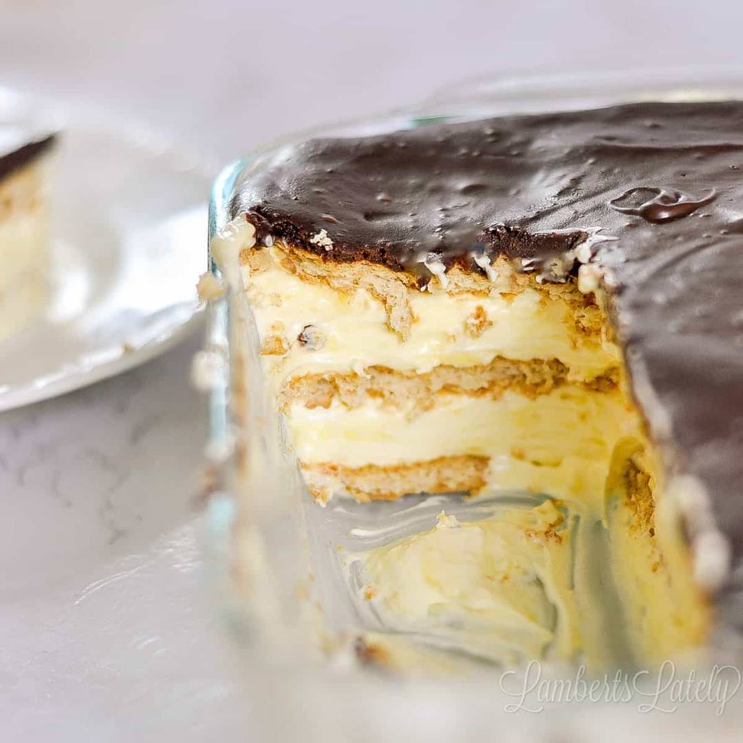 chocolate eclair cake in a baking dish.