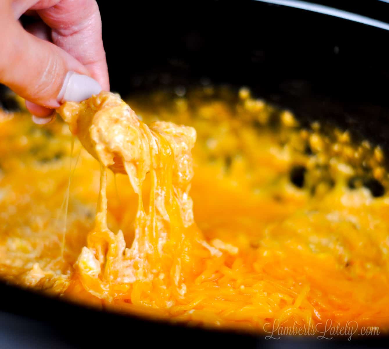 dipping a chip into buffalo chicken dip.
