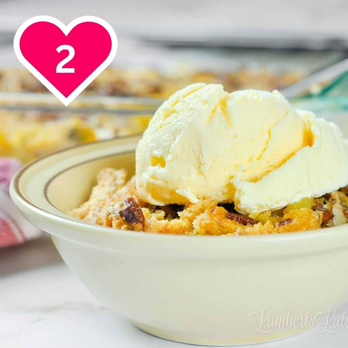 2 - pineapple dump cake in a bowl, topped with ice cream.