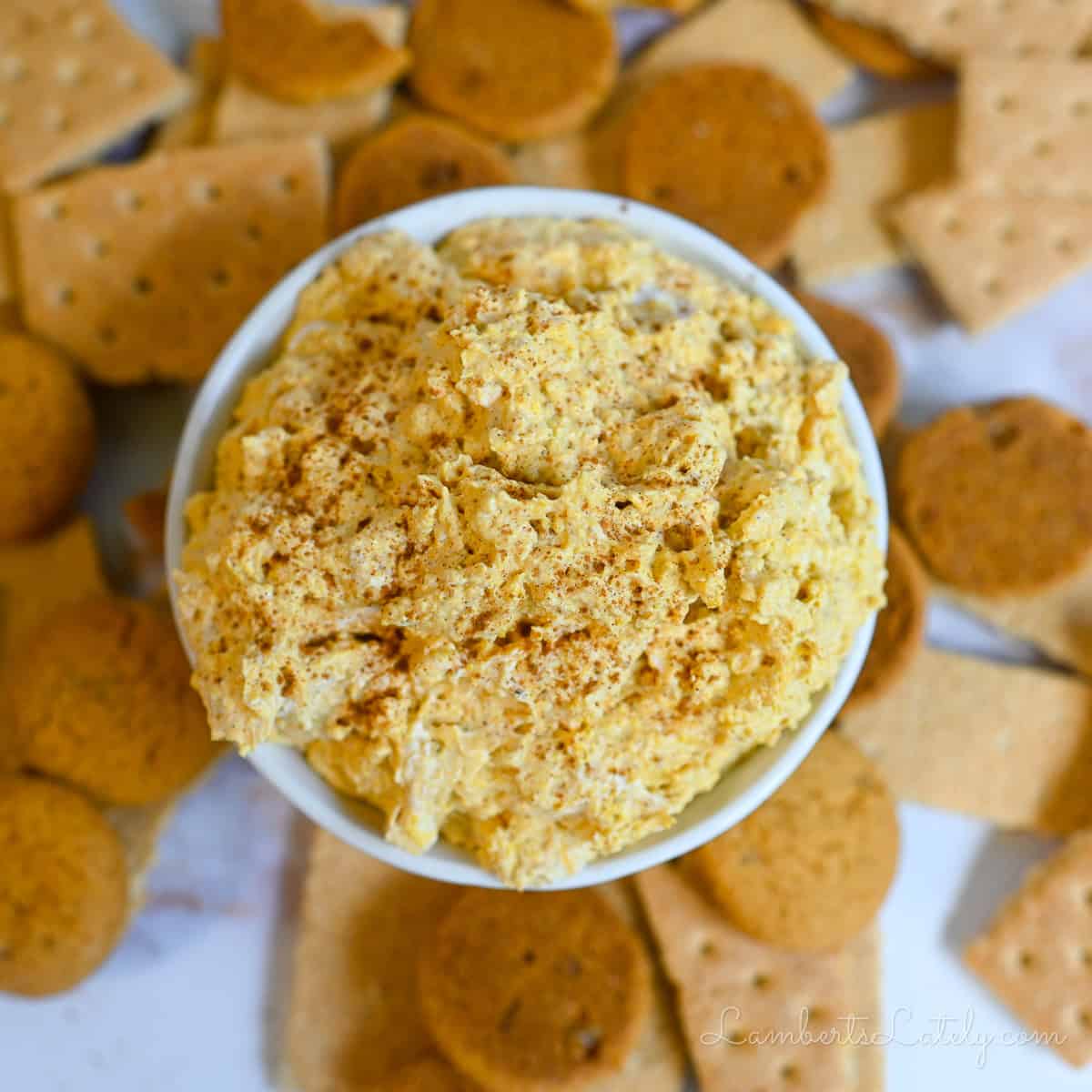 a bowl of pumpkin fluff dip, surrounded by dippers.