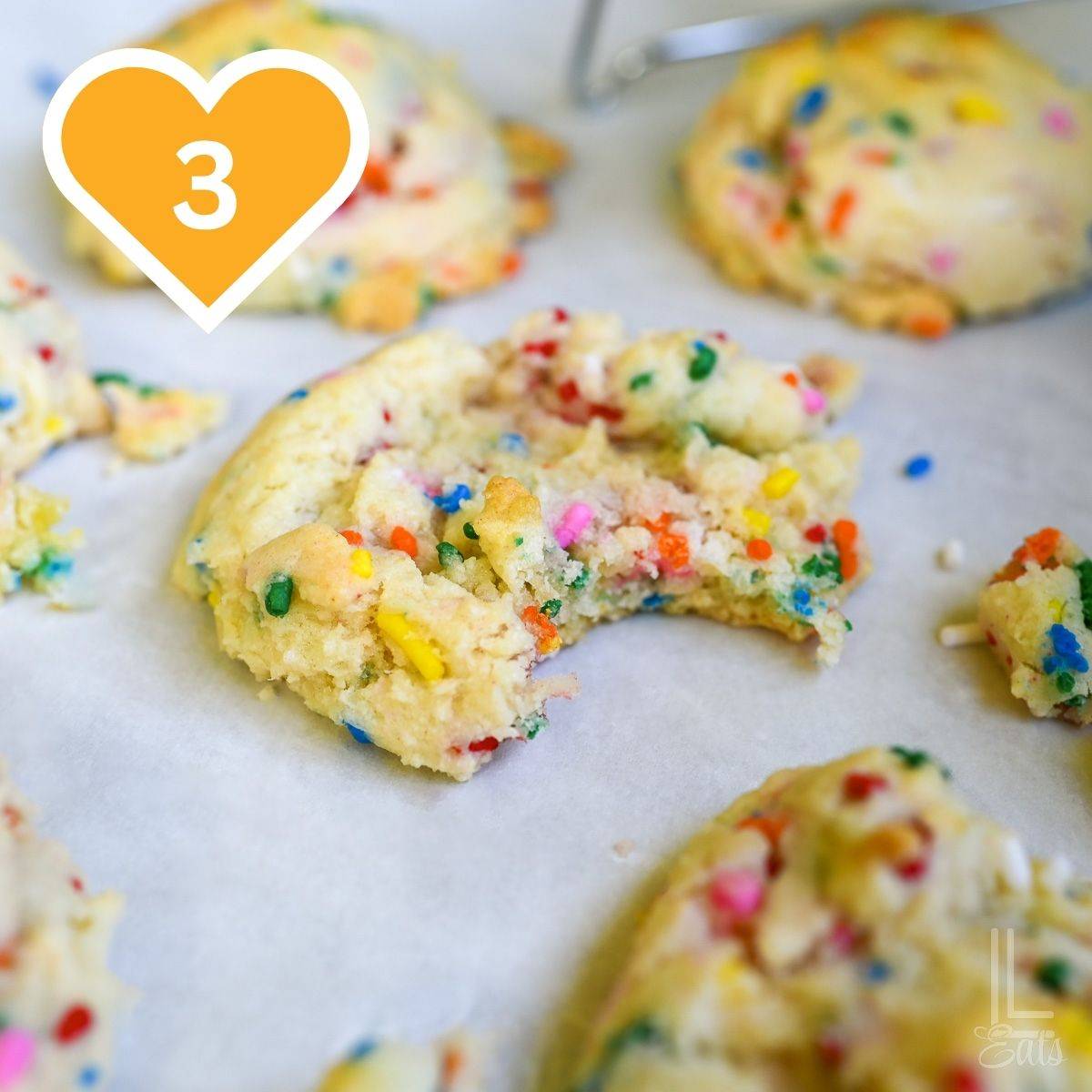 3 - Soft Funfetti cake mix cookies topped with colorful rainbow sprinkles.