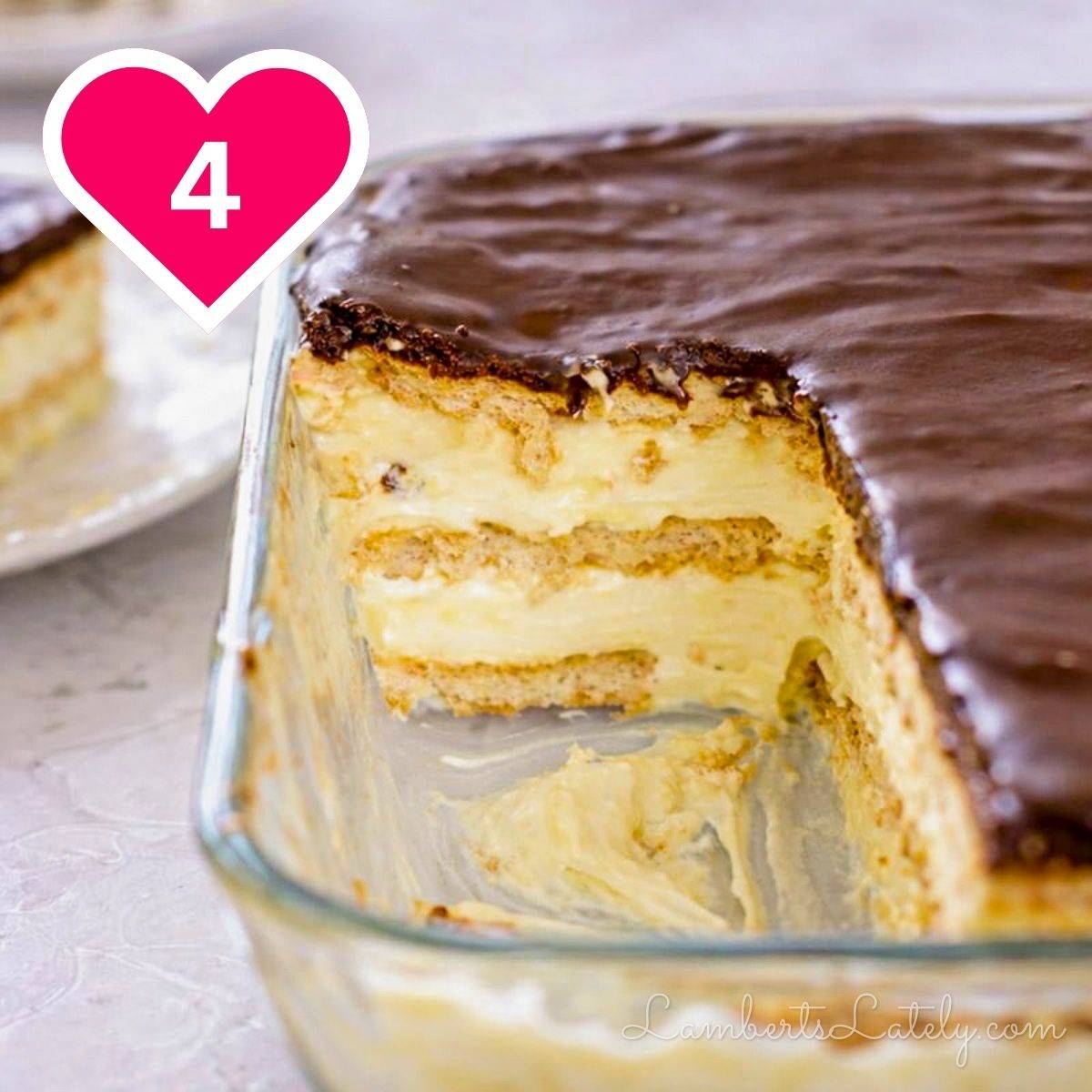 4 - chocolate eclair cake, showing layers, in a serving dish.