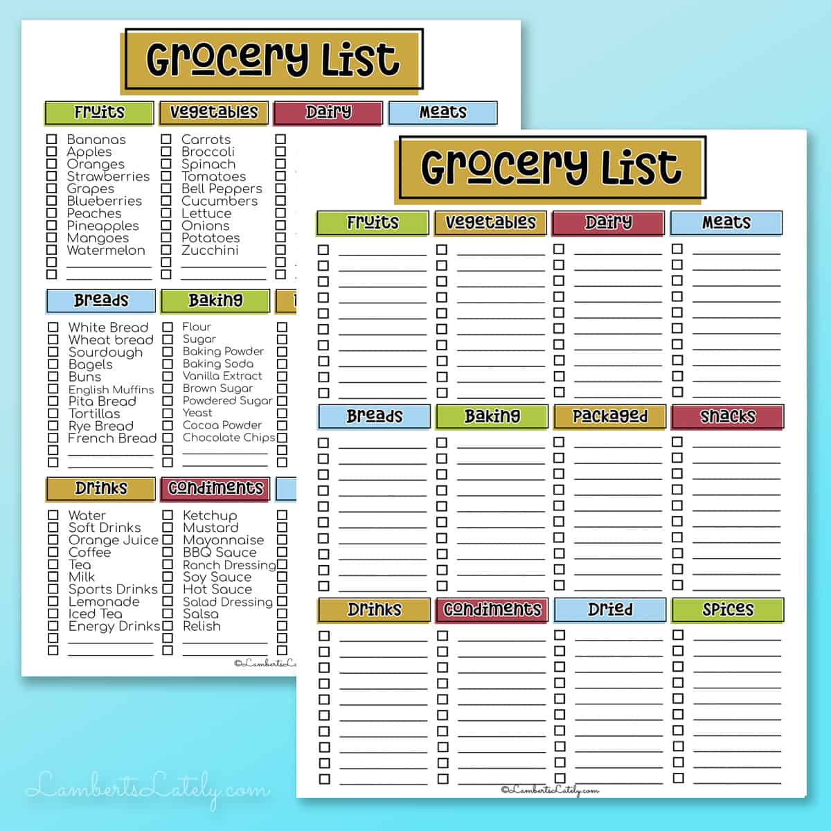 two grocery list printables, one filled, one blank.