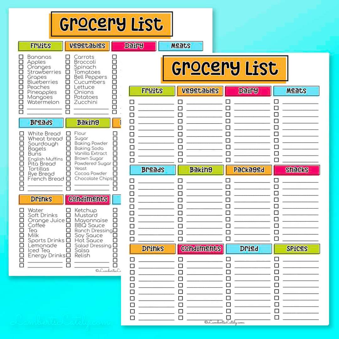 2 grocery list printable checklists.