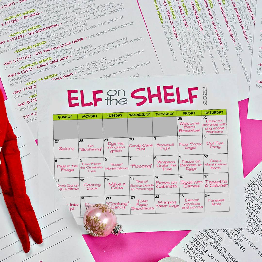 elf on the shelf calendar printable, next to an elf and an ornament.