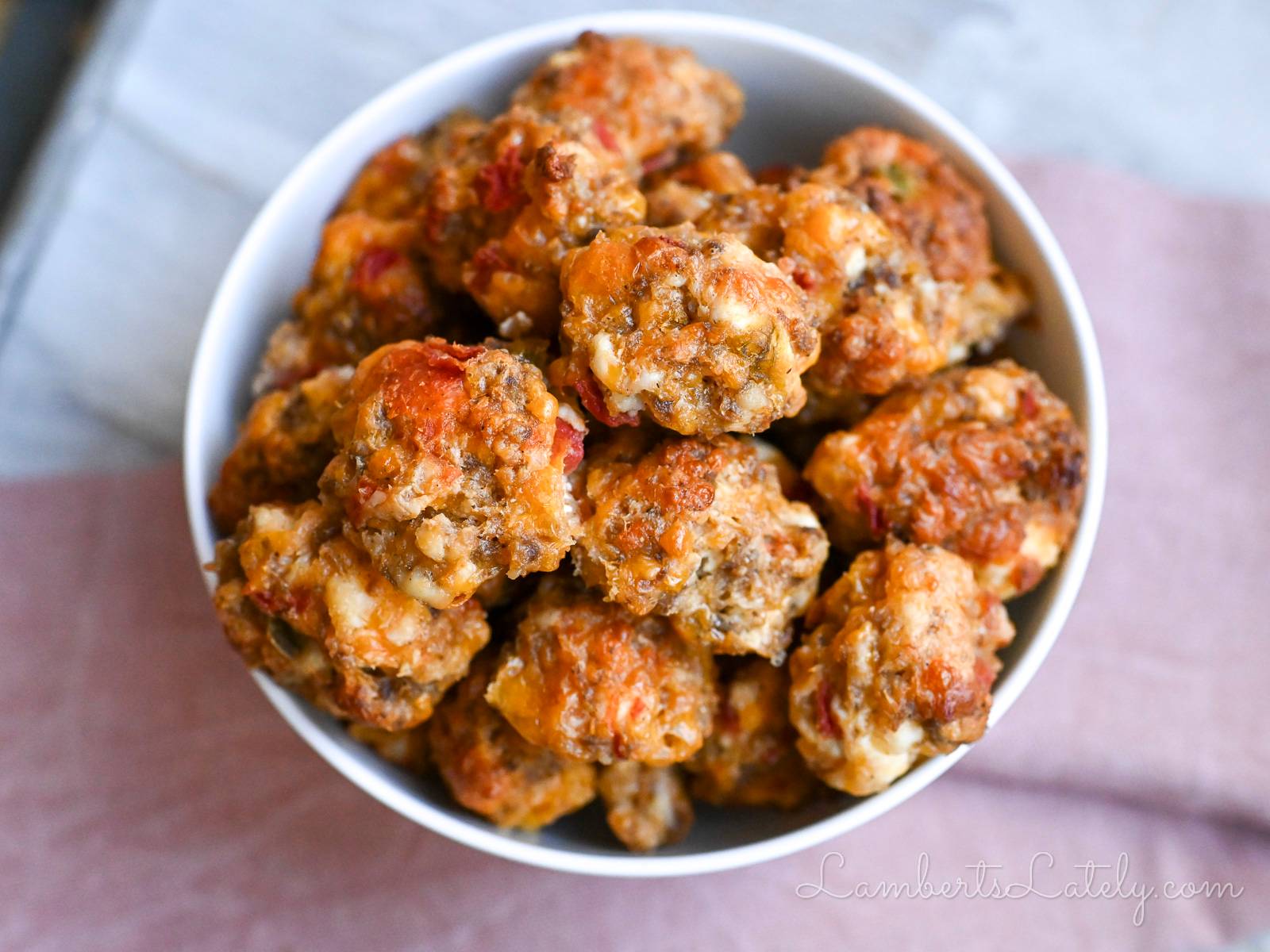 rotel sausage balls in a bowl.