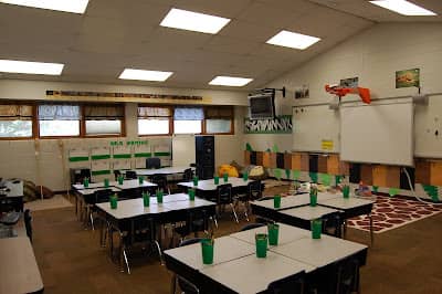 jungle themed classroom, with desks and a computer board.