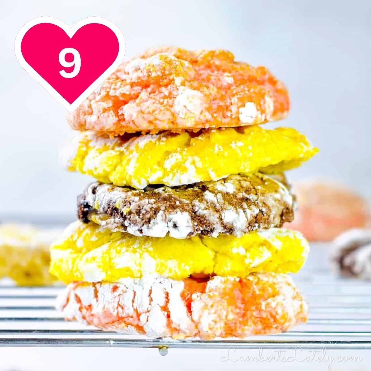 9 - cool whip cookies stacked on a baking rack.