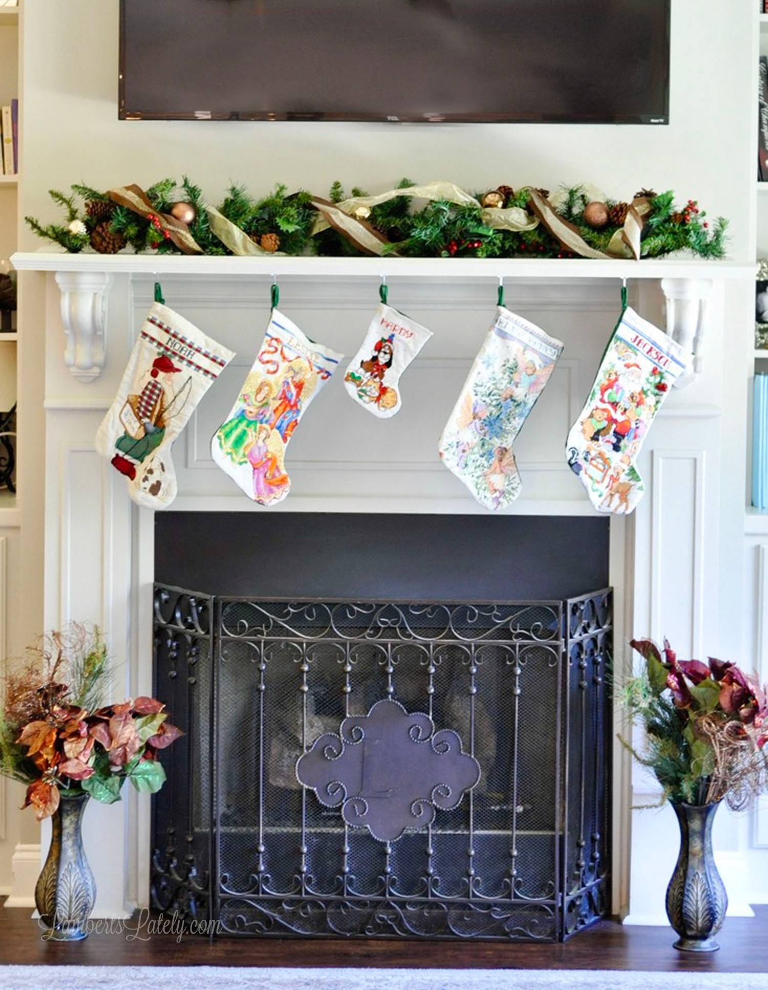 stockings hanging on a mantle.