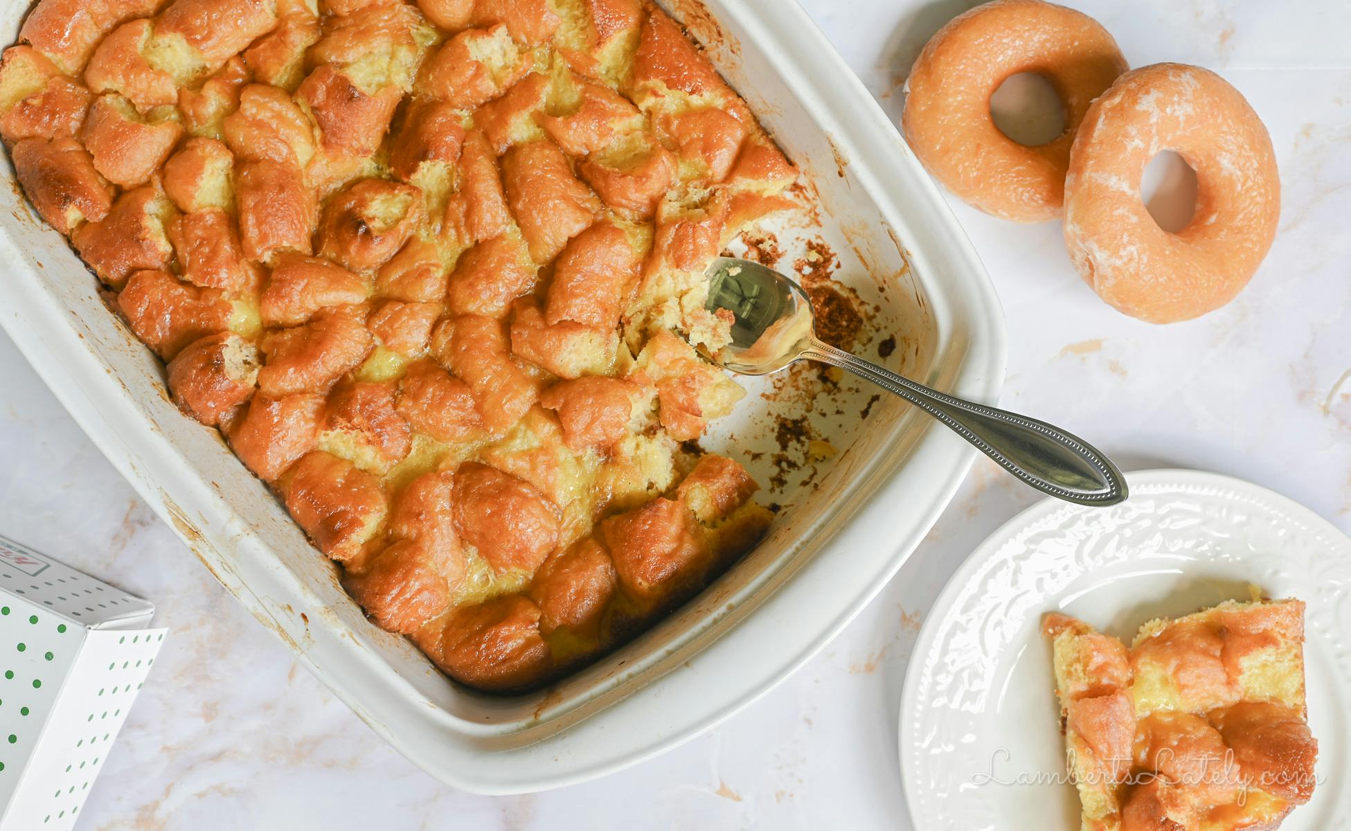 donut bread pudding in a casserole dish.