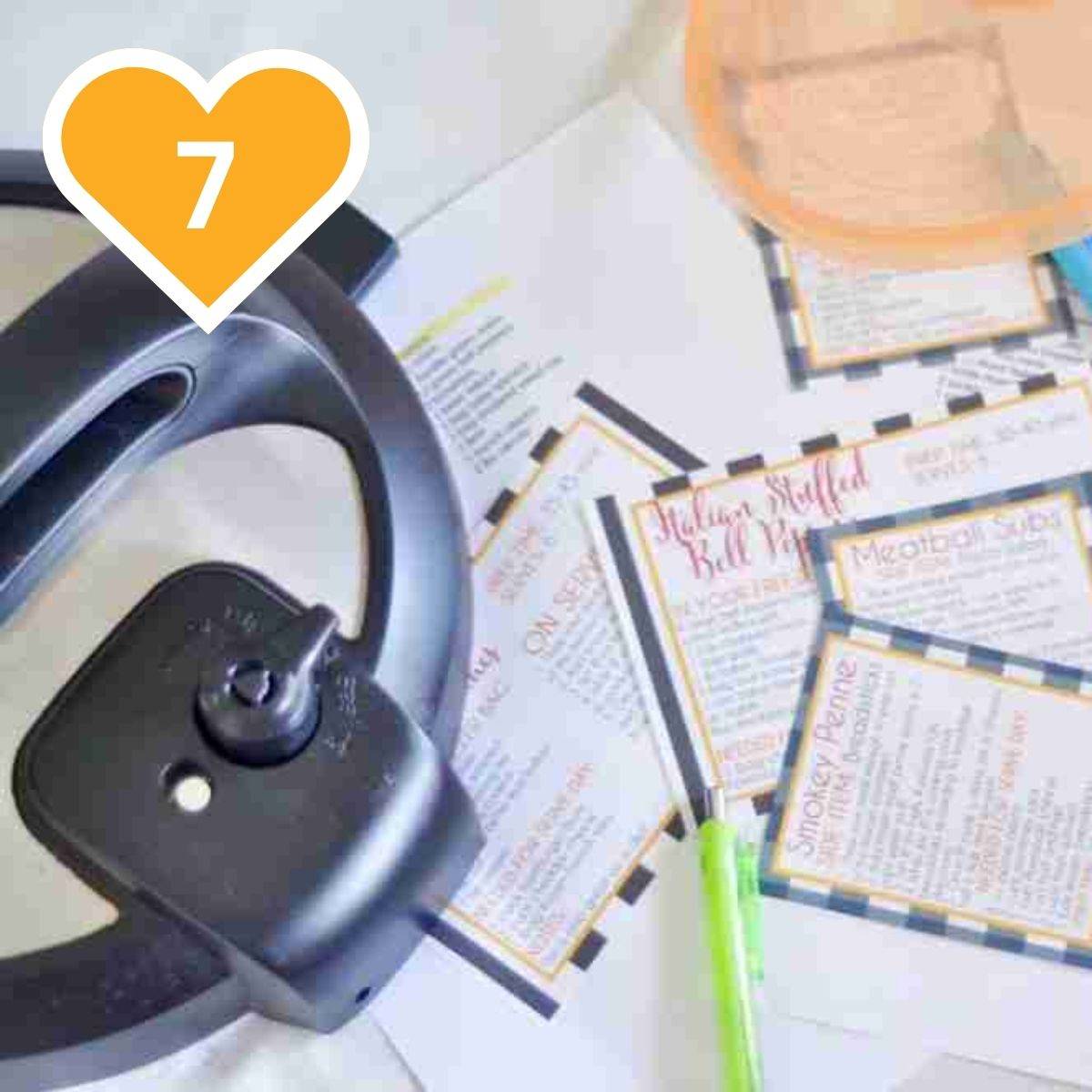 7 - freezer meal planning printables with an Instant Pot, grocery list, and meal planner pages.