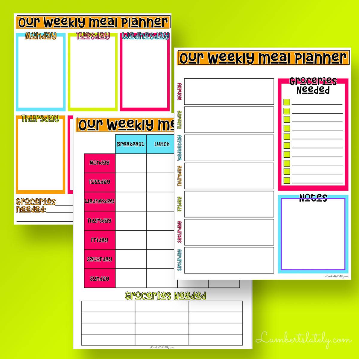 collage of meal planning printables.