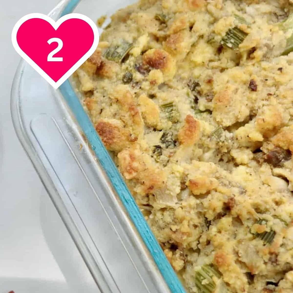 2 - corner of a baking dish filled with cornbread dressing.