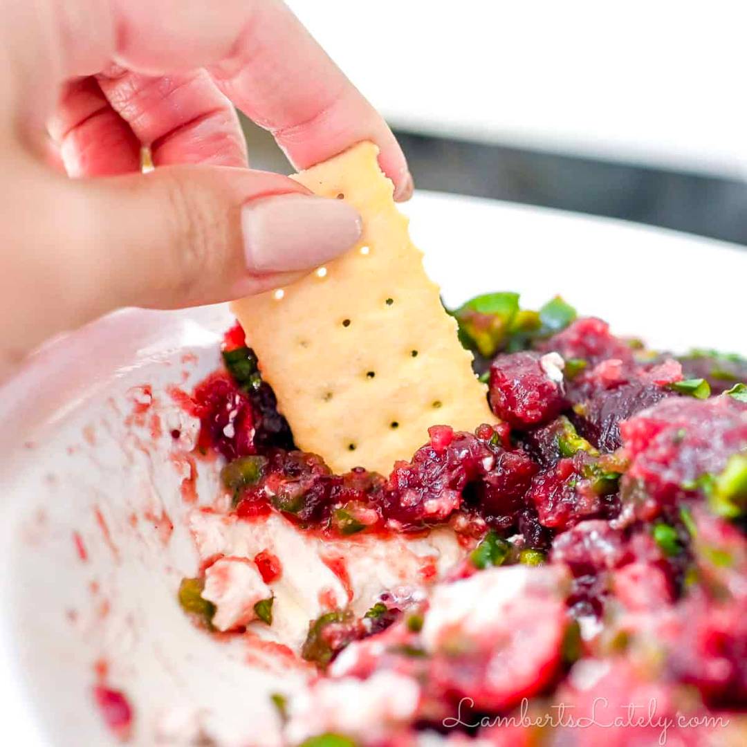 Cranberry jalapeño dip with cream cheese, fresh cranberry topping, green jalapeños, and a cracker being dipped into it.