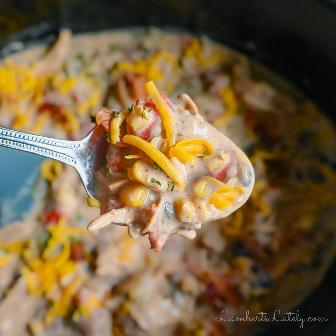 holding a spoonful of crack chicken chili covered in shredded cheese.