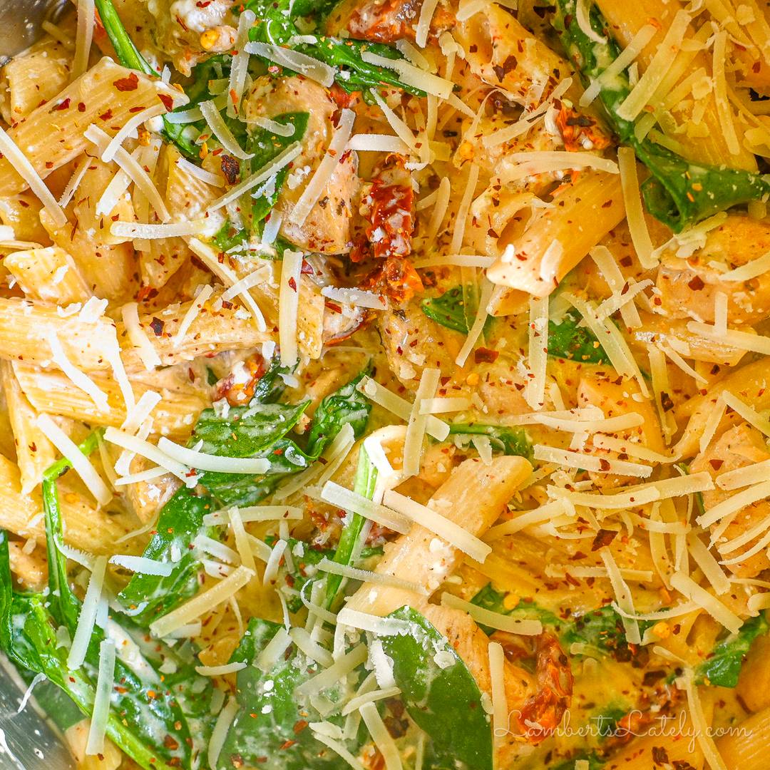 marry me chicken pasta with spinach and parmesan cheese, close up.