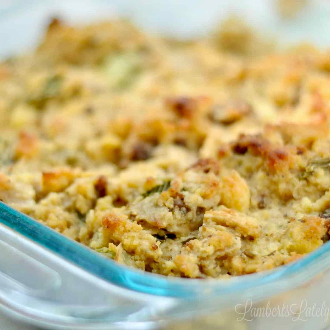 cornbread dressing in a baking dish.