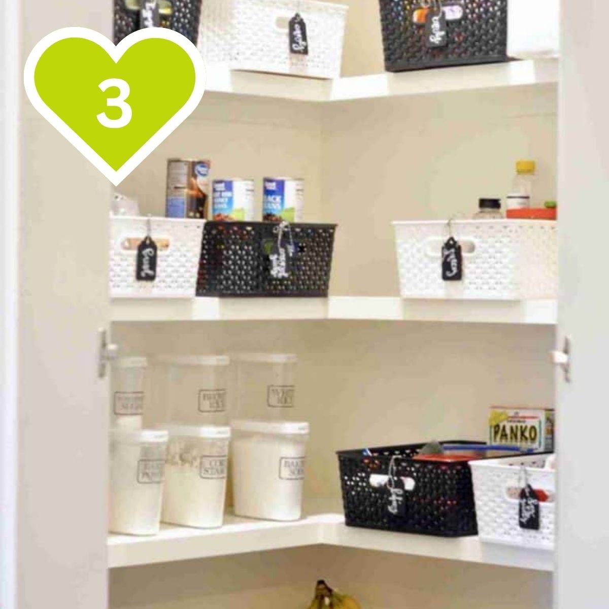 Organized pantry corner shelves with matching bins, clear jars, and labeled storage containers.