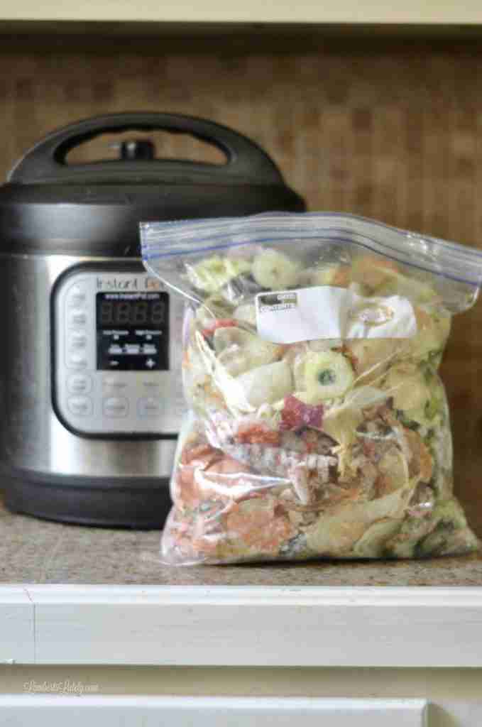 bag of frozen veggie scraps in front of an instant pot.