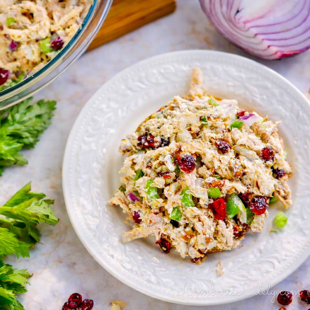 A white plate with a large scoop of cranberry rotisserie chicken salad, showing visible bits of celery, red onion, and dried cranberries.