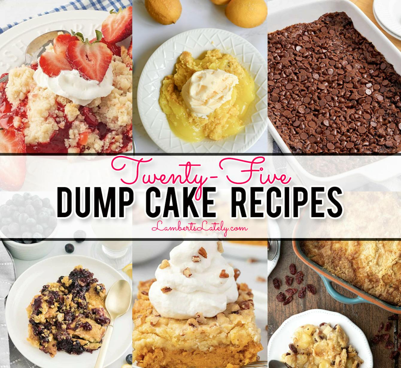 25 dump cake recipes, with collage of food pictures.