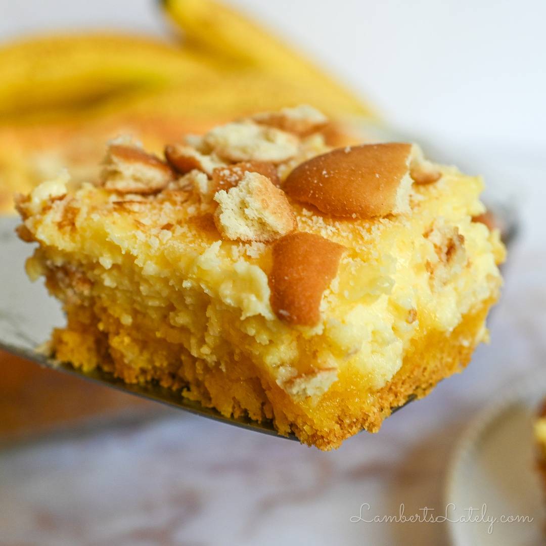 holding a banana pudding brownie on a serving utensil.
